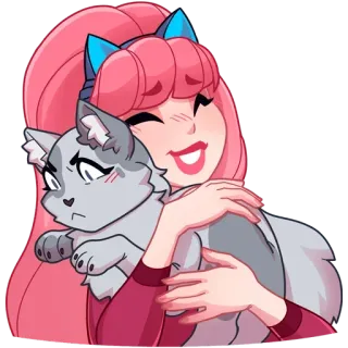 ❤️ ragazza, capelli rosa, gatto, abbraccio, carino, cartone animato, kawaii telegram sticker