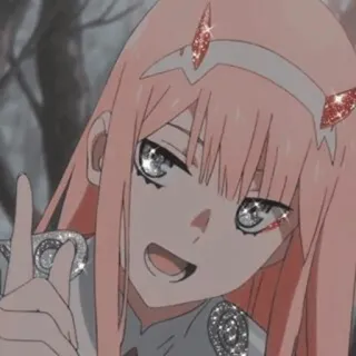 😀 Zero Two Darling in the Franxx anime, dziewczyna, różowe włosy, rogi, znak pokoju telegram sticker