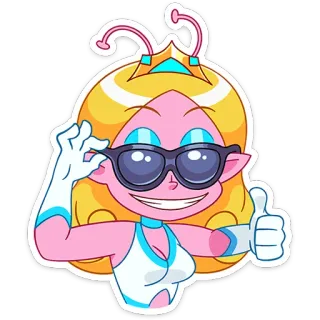 😎 Alien, Chica, Gafas de sol, Pulgares arriba, Lindo, Dibujo animado telegram sticker