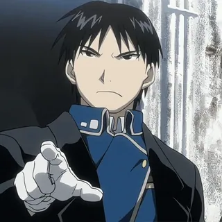 💙 Roy Mustang Fullmetal Alchemist anime, roy mustang, pointing, fullmetal alchemist, amestris, military uniform, manga telegram sticker