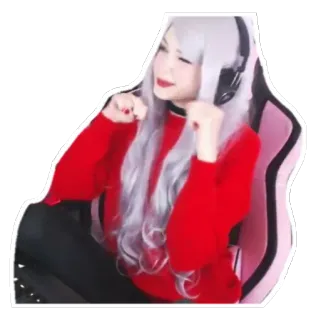 😊 여자, 스트리머, 게이머, 헤드폰, 빨간 스웨터, 분홍 의자 whatsapp sticker