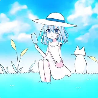 😔 Anime, Mädchen, Katze, Eis am Stiel, Sommer, Strand, Blau, Hut telegram sticker