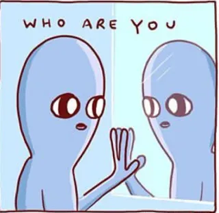 🤔 WHO ARE YOU 宇宙人, 鏡, 質問, 青, 漫画 telegram sticker