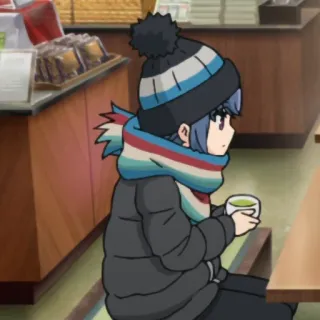🍵 Rin Shima Laid-Back Camp Anime, Fofo, Inverno, Cachecol, Chapéu, Café, Chá, Laid-Back Camp telegram sticker