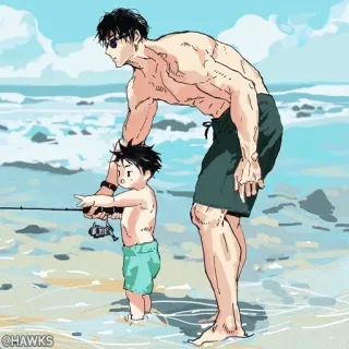 🖤 @HAWKS spiaggia, padre, figlio, pesca, oceano, estate, famiglia whatsapp sticker