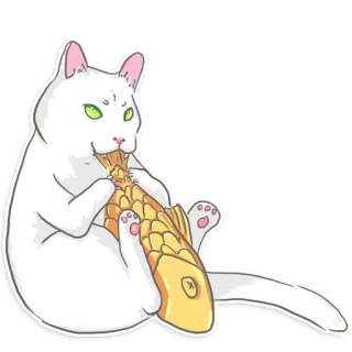 🧜‍♀️ gato, pez, animal, dibujo animado, lindo, mascota, gato blanco, pez koi telegram sticker