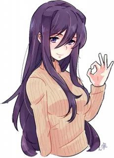 💜 cô gái anime, tóc dài, dấu hiệu OK, áo len, tóc tím telegram sticker