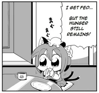 🐟 I GET FED... BUT THE HUNGER STILL REMAINS! chica gato, anime, manga, hambriento, kawaii, comida, lindo whatsapp sticker