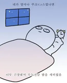 😨 내가 얼마나 루크너스였냐면
너무 긴장돼서 수능전날 밤을 새버렸음 telegram sticker