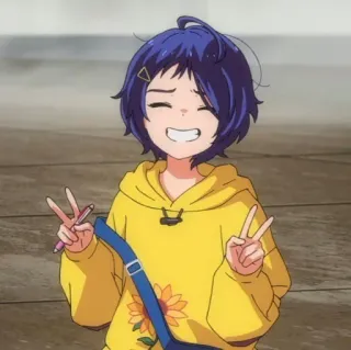 ✌ Anime Mädchen, Friedenszeichen, gelber Hoodie, Sonnenblume, Anime Figur telegram sticker