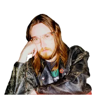 😬 hombre, retrato, chaqueta cuero, gafas, pelo largo, barba whatsapp sticker