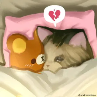 🌟 gato, oso, corazón roto, triste, llorando, almohada, cama, infeliz telegram sticker