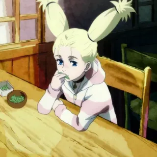 🧹 アニメ, 女の子, 金髪, 食事, テーブル, 食べ物 telegram sticker