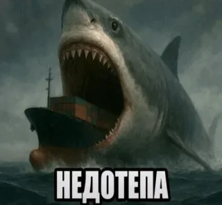😭 НЕДОТЕПА shark, ship, container ship, ocean, funny, meme, giant shark, clumsy telegram sticker
