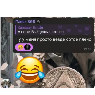 🫥 Runaway Bride Павел BGB
Runaway Bride
А норм Выйдешь в плююс
Ну у меня просто везде сотое плечо
22:54
22:54 채팅, 텍스트, 이모티콘, 메시지 whatsapp sticker