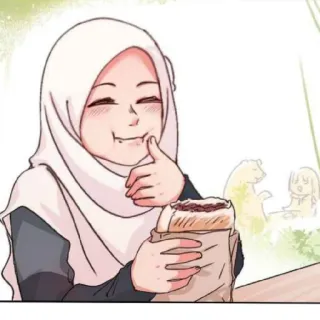 😄 gadis, hijab, makanan, camilan, makan, ilustrasi telegram sticker