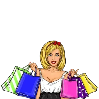 🛍 Shopping, Frau, Taschen, Mode, Pop Art, Blond, Cartoon telegram sticker