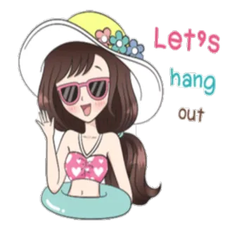 ✋ Let's hang out verano, vacaciones, playa, chica, traje de baño, sombrero, gafas de sol, piscina whatsapp sticker