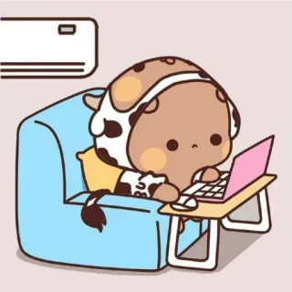 🍄 vaca, desenho animado, laptop, sofá, animal, fofo, kawaii, arte digital telegram sticker