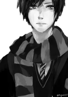 🙁 Anime, Mangá, Menino, Chorando, Triste, Cachecol, Desenho, Preto e branco telegram sticker