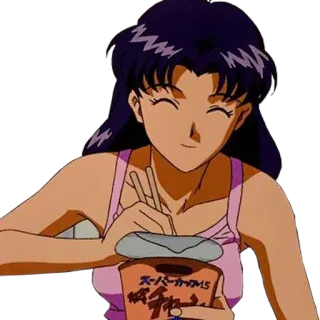 🍜 Misato Katsuragi Neon Genesis Evangelion anime, Misato, eating, noodles, character telegram sticker