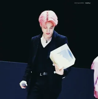 🕊 dear my sunshine, mighty_j kpop, jimin, pelo rosa, cantante, caja, persona whatsapp sticker