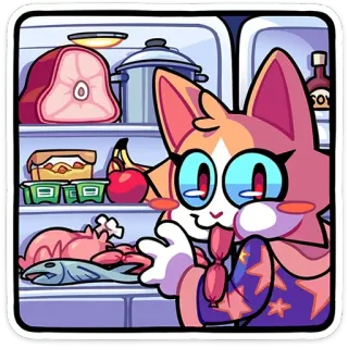 😋 cat, refrigerator, food, cartoon, animal, kitchen, cute telegram sticker