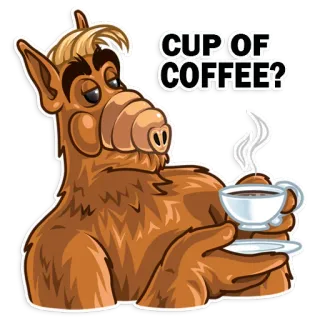 ☕️ Alf ALF CUP OF COFFEE? Alf, café, xícara, anos 80, programa de TV, alienígena, desenho animado, animado telegram sticker