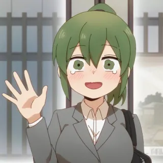 🥲 anime, gadis, melambai, ceria, karyawan kantor, imut whatsapp sticker