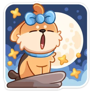 🌓 chien, chiot, mignon, lune, étoiles, nuit, bâillement, ruban bleu telegram sticker