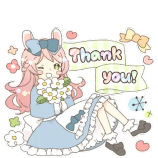 😉 Thank you! спасибо, милый, аниме, девушка, зайчик, цветы, стикер telegram sticker