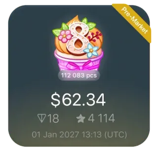 🎁 Pre-Market
112 083 pcs
$62.34
184 114
01 Jan 2027 13:13 (UTC) 纸杯蛋糕, 数字8, 花, 价格, 市场, 盘前 telegram sticker