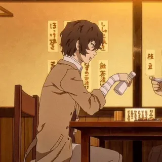📺 Osamu Dazai Bungou Stray Dogs Anime, Boire, Table, Restaurant, Bandages, Dazai telegram sticker