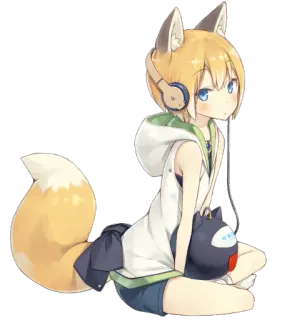 🎧 Anime, Fille renard, Kemonomimi, Casque, Mignon, Fille, Dessin animé telegram sticker