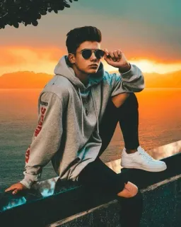 😎 uomo, occhiali da sole, felpa con cappuccio, tramonto, moda, stile, posa, casual, outdoor telegram sticker