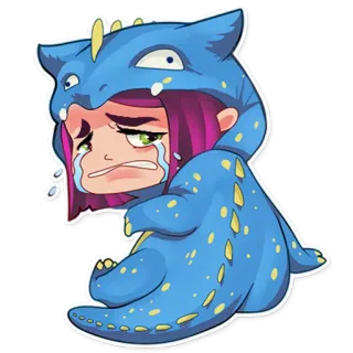 😭 triste, pleurs, dinosaure, kigurumi, combinaison, dessin animé, fille whatsapp sticker