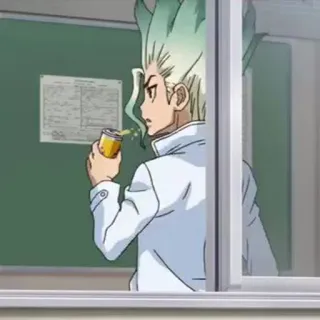 ⏱ Senku Ishigami Dr. Stone anime, character, Senku Ishigami, Dr. Stone, laboratory, scientist, drink telegram sticker