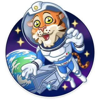 😮 gatto, tigre, astronauta, spazio, razzo, pianeta, stelle, cartone animato telegram sticker
