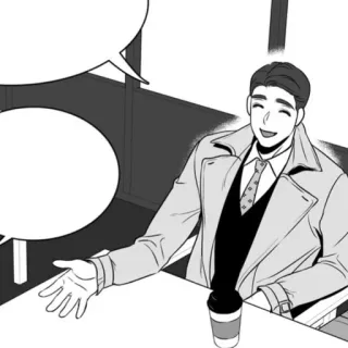 🤍 мужчина, пальто, улыбка, кофе, сидит, мультик, счастливый telegram sticker