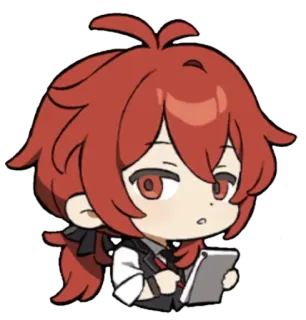 😏 Diluc Genshin Impact genshin impact, diluc, anime, chibi, video game, red hair telegram sticker