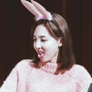 🕸 woman, bunny ears, pink, sweater, cute, portrait, tongue out telegram sticker