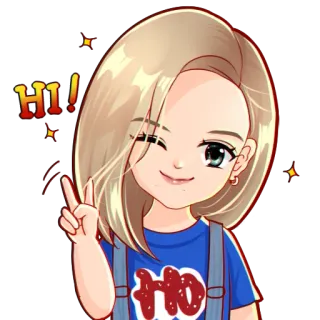 👋 HI! cartoon, greeting, peace sign, waving, cute, girl whatsapp sticker