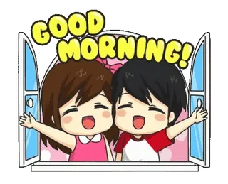 🌅 GOOD MORNING! dzień dobry, powitanie, para, okno, kreskówka telegram sticker