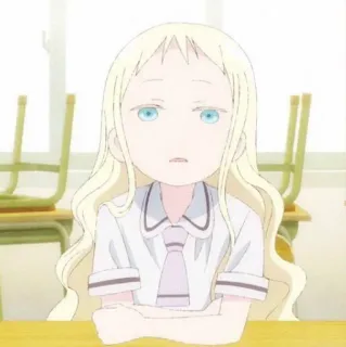 🎲 Anime, Meisje, Schooluniform, Blond haar, Blauwe ogen, Zittend telegram sticker