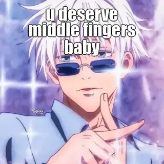 🙂 u deserve middle fingers baby środkowy palec, obraźliwe, obelga, anime, okulary przeciwsłoneczne, niegrzeczny telegram sticker