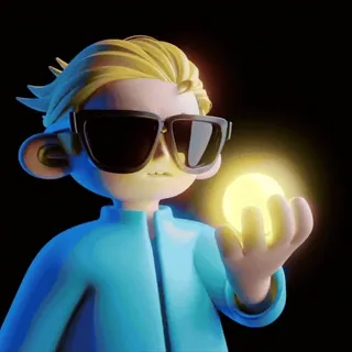 😝 personaje de dibujos animados, pelo rubio, gafas de sol, orbe brillante, render 3D, arte digital telegram sticker