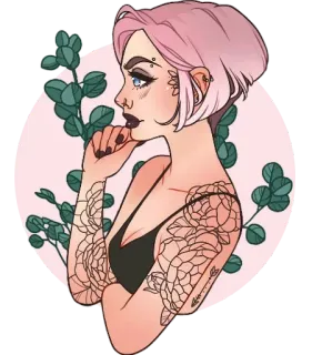 🤔 donna, ragazza, capelli rosa, tatuaggio, ritratto, illustrazione, floreale, stile telegram sticker