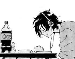 😳 anime, manga, headphones, coca cola, food, table telegram sticker