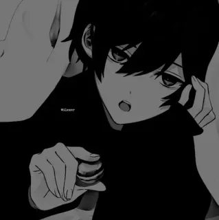 🎵 Anime, Jongen, Macaron, Zwart haar, Esthetisch, Monochroom telegram sticker