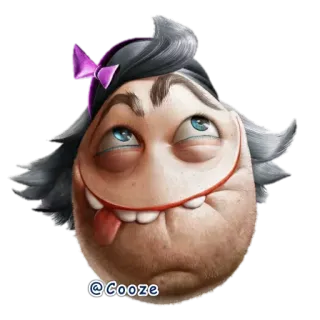 😁 @Cooze cartoon, funny, face, expression, purple bow, tongue out, eyes rolling telegram sticker